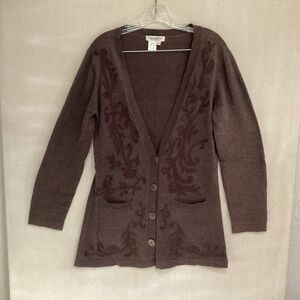 coldwater creek sweater/cardigan small brown floral embroidery front pockets